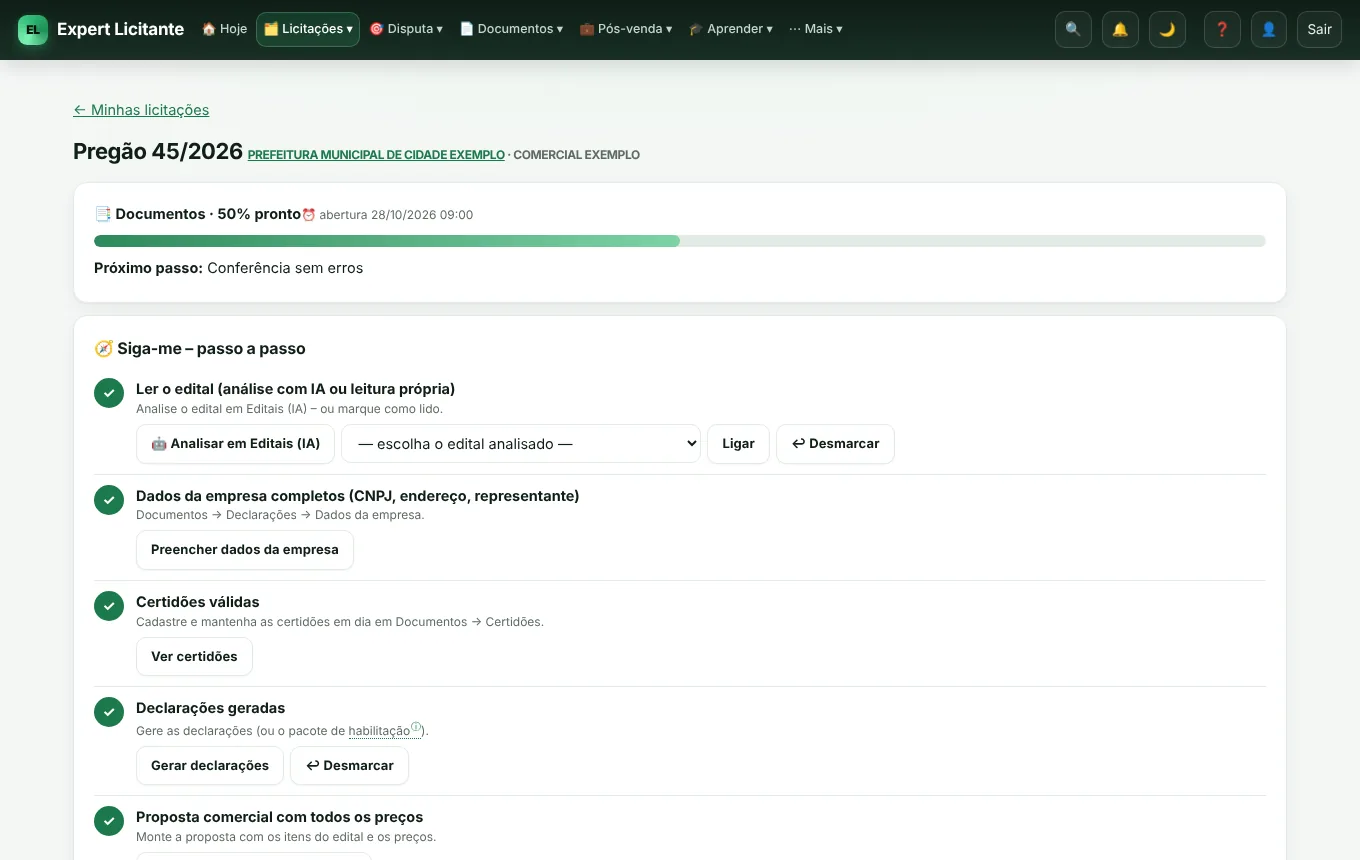 Cada licitação com o passo a passo do que falta – do edital ao contrato.
